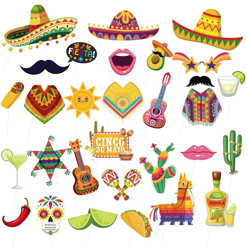 Mexican Party Decorations, 30pcs Cinco De Mayo Taco Photo Booth Props Mexican Party Photo Booth Props for Mexican Fiesta Party Decorations Supplies