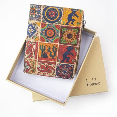 Image of Eco Cork Friendly RFID Blocking Wallet Bi-fold Card Holder Vertical Wallet With Zippered Coin Purse & ID Window