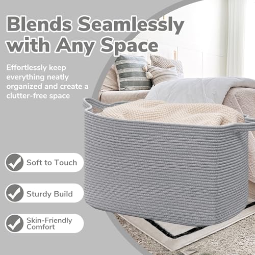 Image of Goodpick 105L Extra Large Woven Rope Blanket Basket, Rectangle, Gray | 25'' x 16'' x 16'' Storage Basket for Blankets, Pillows & Clothes, Living Room & Bedroom Organization, Reinforced Handles