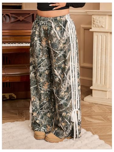 Women's Plus Size Striped Camo Print Pants High Waisted Wide Leg Bowknot Baggy Trousers Streetwear4