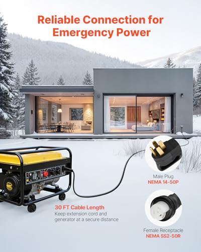 Image of VEVOR 50 Amp Generator Cord and Power Inlet Box, 30FT, 125V /250V STW 6 /3 + 8 /1 AWG Extension Power Cord, NEMA 14-50P to SS2-50R, Twist Lock Connector, Inlet Box Kit, for Generator to House, ETL Listed