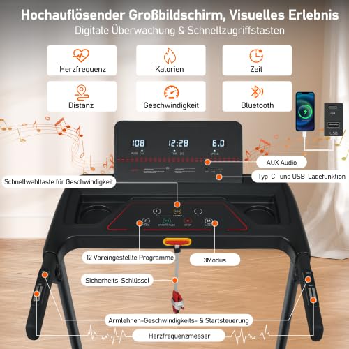 Tapis roulant pieghevole per la casa, pendenza dell'8%, motore da 3,0 CV, silenzioso fino a 14 km/h, superficie di corsa 110 × 40 cm, Bluetooth e display LED, portata 120 kg, console multifunzione, 12
