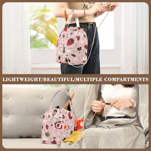 Image of ElliTarr Crochet Bag Yarn Bag with Handle Portable Knitting Project Bag Travel Yarn Storage Organizer Holder Case Bees Flowers Strawberries Pink