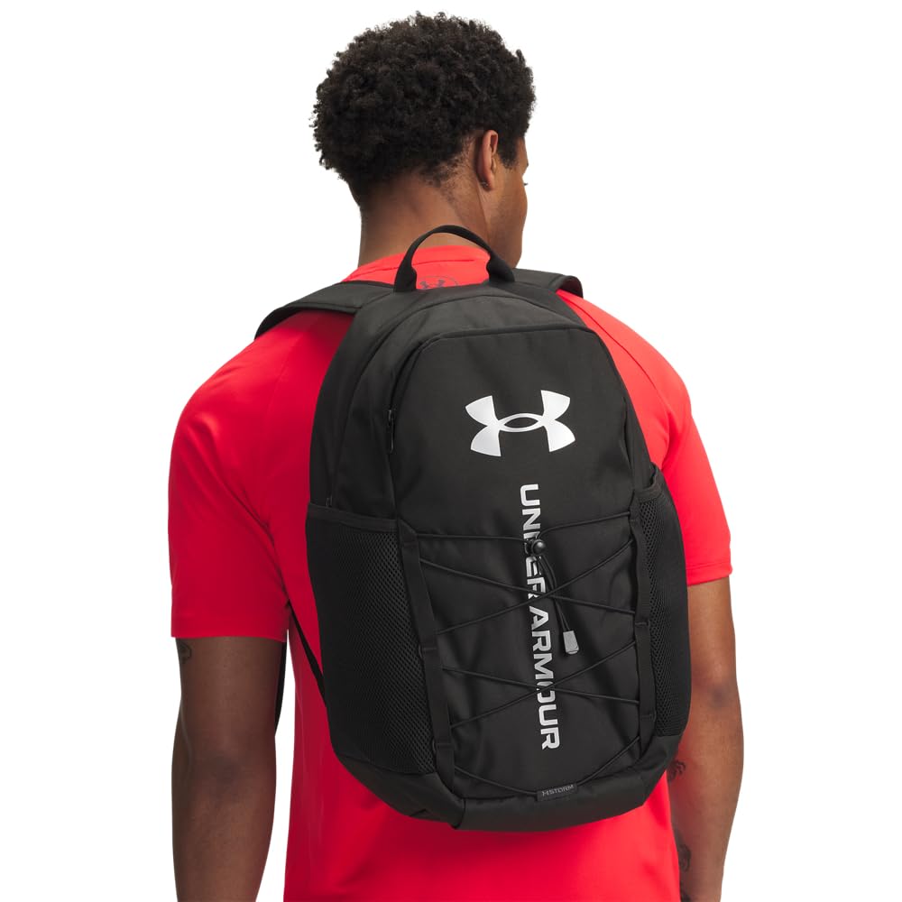 Under Armour Hustle Sport 6.0 Sac à dos – Noir/noir/argenté métallisé – OSFM, Noir/argenté métallisé, One Size