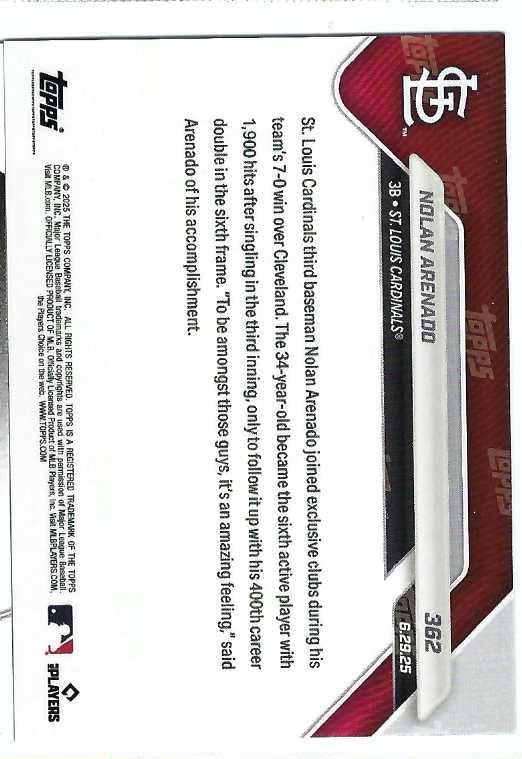 NOLAN ARENADO 2025 Topps Now #362 GOLD FOIL PARALLEL Baseball Card #01 of only 50 Made! St. Louis Cardinals