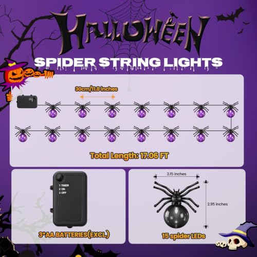 Patifaire Large Spider Halloween String Lights, Battery Powered with Timer - image 2