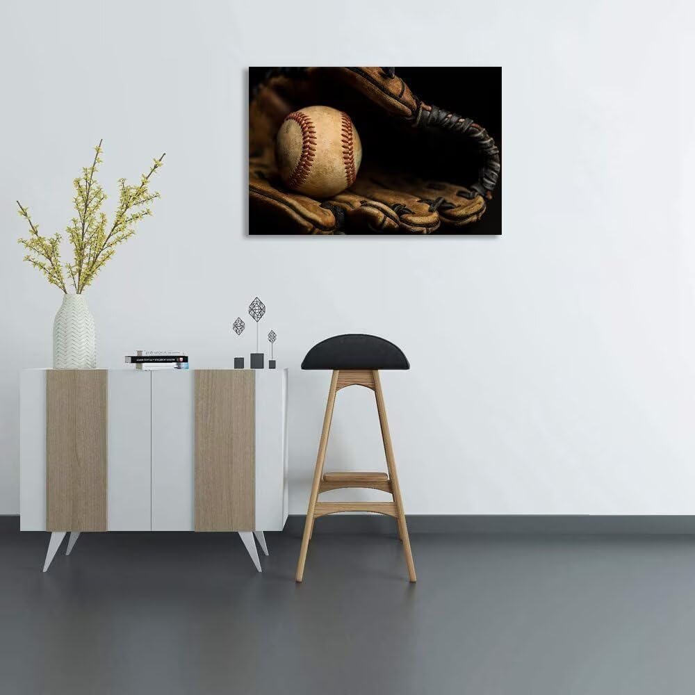 Baseball Canvas Wall Art for Living Room Bedroom Office Decorations Baseball Glove and Ball Picture Poster Framed Artwork Ready to Hang(12''H x 16''W)