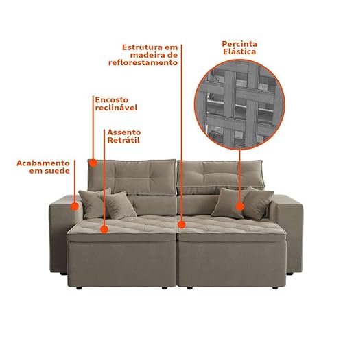 Sofá 3 Lugares Retrátil e Reclinável Tulum Suede Bege 220 cm