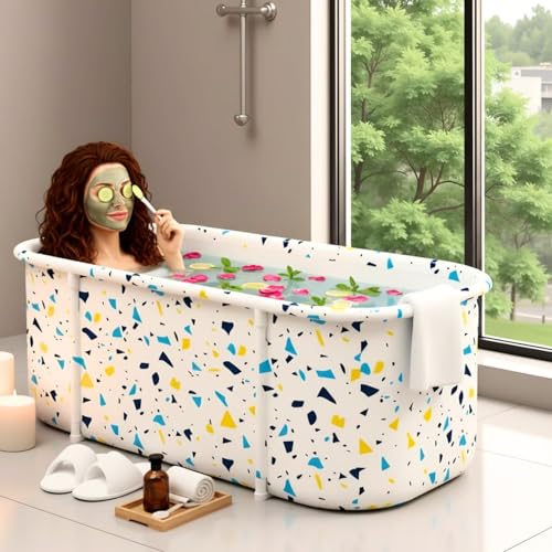 Image of Lexara Portable Folding Bathtub for Bathroom - Large Freestanding Soaking Tub with Thick Insulated, Ice & Hot Spa Tub, Collapsible Cold Plunge Therapy, Muscle Recovery Tub (Terrazzo Bathtub)