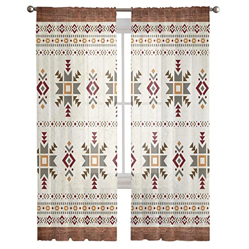 Hokiten Southwestern Sheer Curtains 84 Inch Length 2 Panels Set, Retro Ethnic Tribes Geometric Semi Sheer Curtain For Living Room, Beige Western Voile Window Curtains Sheer Drapes For Bedroom #TOP1