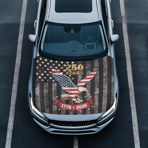 Image of USA 250th Birthday Print Car Hood Cover Stretchable Car Hood Wrap Blankets Vehicles Banner Auto Decorations for Compact Sedans SUV Trucks (59x39 Inch)
