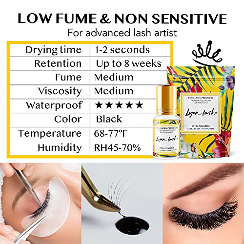 Extra Powerful Eyelash Extension Glue - Lyon Lash 5Ml Performance Glue | 1-2 Sec Dry Time | 6-8 Weeks Retention | Black Adhesive Supplies For Professional Use #TOP2