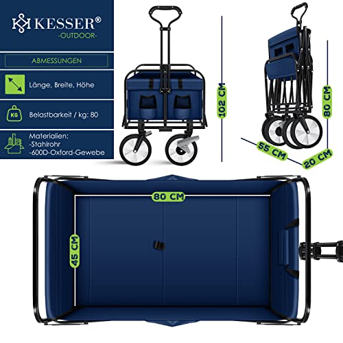 KESSER® Bollerwagen faltbar Handwagen Transportkarre Gerätewagen | inkl. 2 Netztaschen & Cover | klappbar | PVC-Reifen | bis 80 kg Tragkraft transportwagen Gartenanhänger ohne Dach, Blau/Schwarz – Bild 8