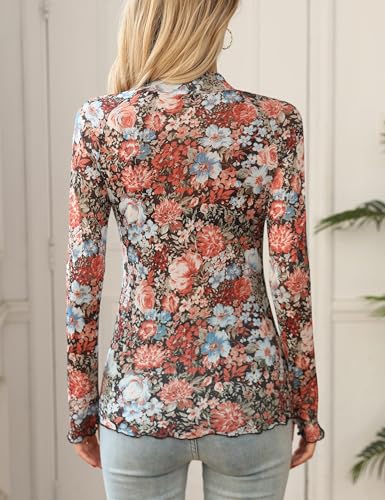 Ugerlov Womens Lace Long Sleeve Mesh Top Floral Mock Neck See Through Going Out Top with Thumb Hole Party Outfits Shirts3