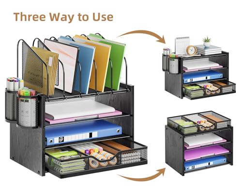 Image of Marbrasse Desk organizer with Drawer, 4-Tier Wooden File Organizer with 5 Vertical File Holders and 2 Pen Holders, Desk Organizers and Accessories for Home Office - Black