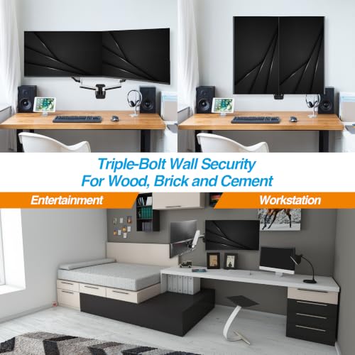 Image of AVLT Dual 32 inch Monitor Wall Mount - Mounts Two 17.6 lbs Computer Monitors on 2 Full Motion Adjustable Arms - Organize Your Work Surface with Ergonomic Viewing Angle VESA Monitor Mount | Supports flat /curved screens up to 17.6 lbs each. Smooth gas spring, VESA 75x75 /100x100 and clean cable routing