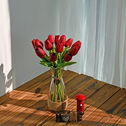 Image of ONLY ART Artificial Burgundy Tulips 20 Pcs - 13.5 Inch PU Faux Flowers with Bendable Stems for Home Decor, Wedding Centerpieces, DIY Floral Arrangements, New Year and Valentine's Day