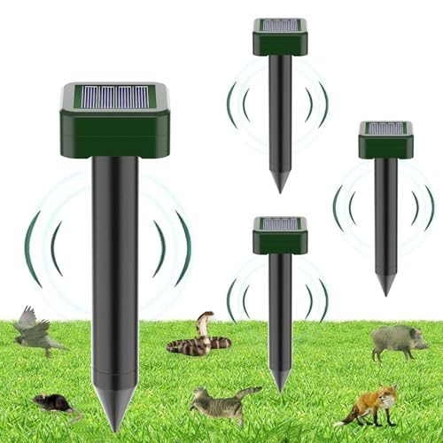 Repelente solar ultrasónico de topos, 4 unidades, disuasorio sónico alimentado al aire libre, IP66 impermeable, repelente de marmota, serpiente, roedor, gopher spikes Chaser, dispositivos disuasorios