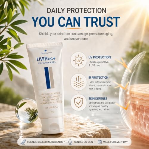 Image of Deglora UVIR CC+ Colour Correction Sunscreen with Instant Glow SPF 50 PA++++ | Tinted Sunscreen Gel for Face | Zinc Oxide, Ceramide & Polyglutamic Acid | Oil-Free Matte Finish, No White Cast | Broad Spectrum UVA /UVB Protection | 50 g