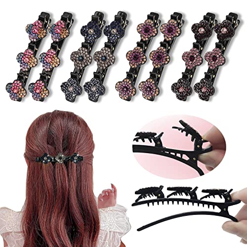 LSxia 8PCS Braided Hair Clips for Braids, Four-Leaf Clover Chopped Hairpin Duckbill Clip with 3 Small Hair Clips for Styling, Sparkling Rhinestone Crystal Stone Braided Hair Clip for Women