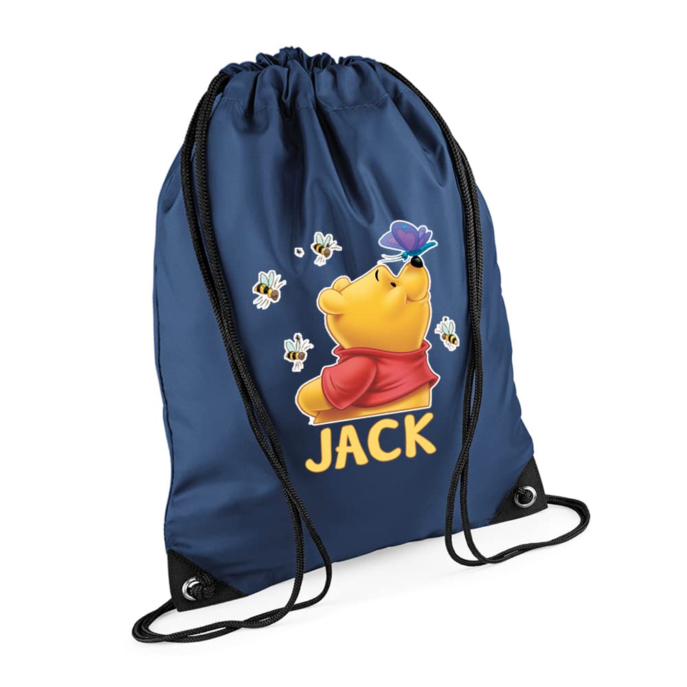 The Pooh With Butterfly Backpack Cartoon Character, Personalised Bag, Bag For Friend, Birthday Drawstring Bag, PE Gym Kit Swimming, Sport Rucksack. (French Navy)