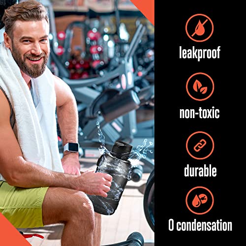 Squatz 78 Oz Poseidon Water Bottle Series (Black) - Sports Big Volume Wide Mouth Opening, Anti-Slip Handle, Fall-Proof Cap, Fixed Buckle Carrying Strap, Leak Proof & Zero Condensation Jag #TOP4