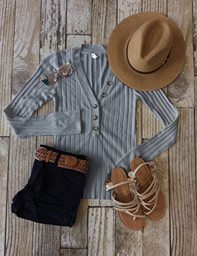 MEROKEETY Women's Long Sleeve V Neck Ribbed Button Knit Sweater Solid Color Tops Grey