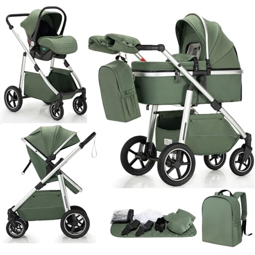 Lnhcrbs Carrito Bebe 3 en 1,Silla de Paseo Reversible con asa Ajustable,Coche Para Bebe con Ruedas Delanteras Bloqueables,Para 22kg, 0-4 Años(Verde)