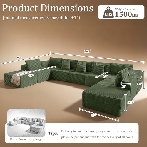 Image of 168 inch Cloud Sectional Couch, Comfort U Shaped Sofa for Living Room, Extra Deep Seats No Assembly, Minimalist Modular Couch, Corduroy (Olive Green, 9 Seats,U-Shape A)