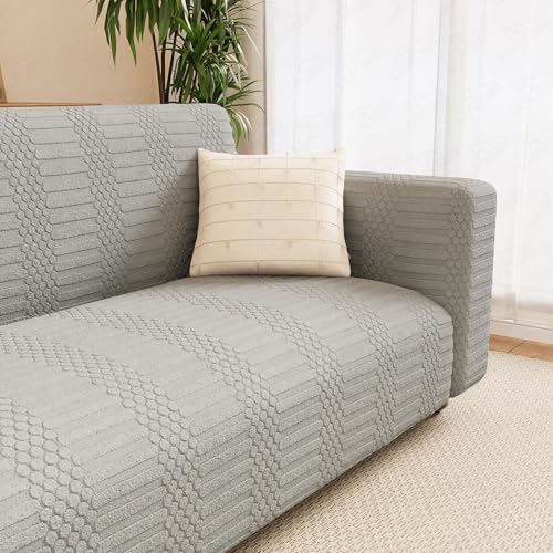 Image of Lukzer 1 Seater Pastel Light Grey Dotted Stripe Pattern Sofa Cover | 240 GSM Universal Stretch Fit Jacquard Fabric Couch Protector | Fully Covered Anti Slip & Washable Sofa Cover (SC-067-01 /90-140cm)