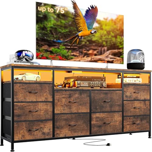 Garvee Commode avec 10 Tiroirs en Tissu, Meuble TV Large avec Ports USB Intégrés Et Éclairage...