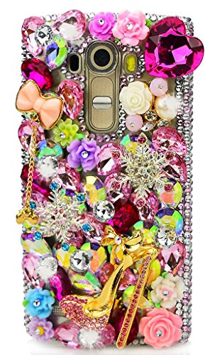 STENES Bling Phone Case Compatible with LG Optimus Zone 3 Case, Luxurious Crystal 3D Handmade Sparkle Diamond Rhinestone Clear Cover - Girls High Heel Bowknot Snow Flowers/Pink