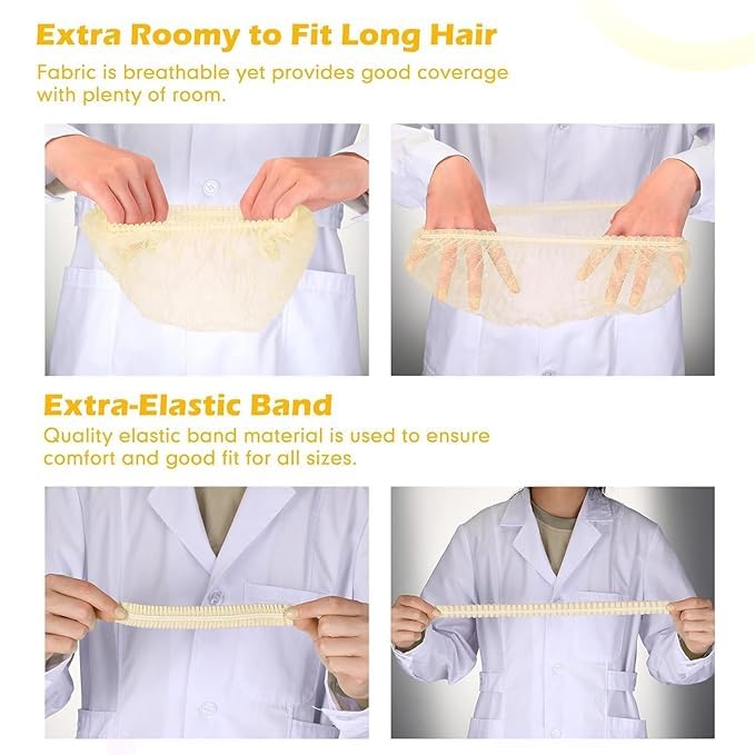 Image of KAUSTA Disposable Bouffant caps /Surgical Caps /Cooking Caps /Surgical Head Caps /Non Woven Head Caps, Pack Of 100pcs (18 inch) Medical Use Disposable Bouffant Caps Stretchable Hair Cover / Hair Net (Yellow)