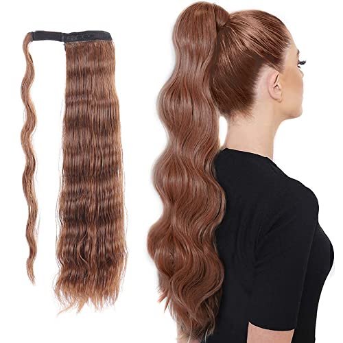 Long Ponytail Hair Extension Curly Wavy Wrap Around One Piece Pony Tail Extensions Clip in Synthetic Hairpieces Wig with Magic Paste for Women Girls Brown Blonde 24"