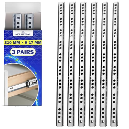 3 Pares Guias Correderas para Cajones con Rodamiento de Bolas 310 mm x H 17 mm - Rieles para Cajones Telescópicas Tienen una Extensión Parcial de 208 mm - Garantía de 10 Años - MONTERAL