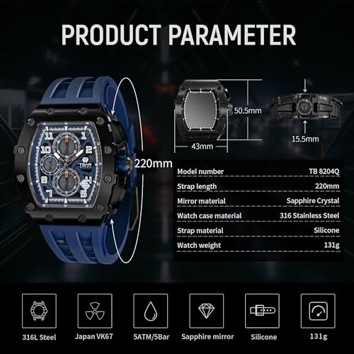 Image of TSAR BOMBA Mens Luxury Watch Watches for Men 50M Waterproof Japanese Quartz Movement Tonneau Stainless Steel Case Sapphire Glass with Chronograph Date Function Cool Unique Fashion Gift