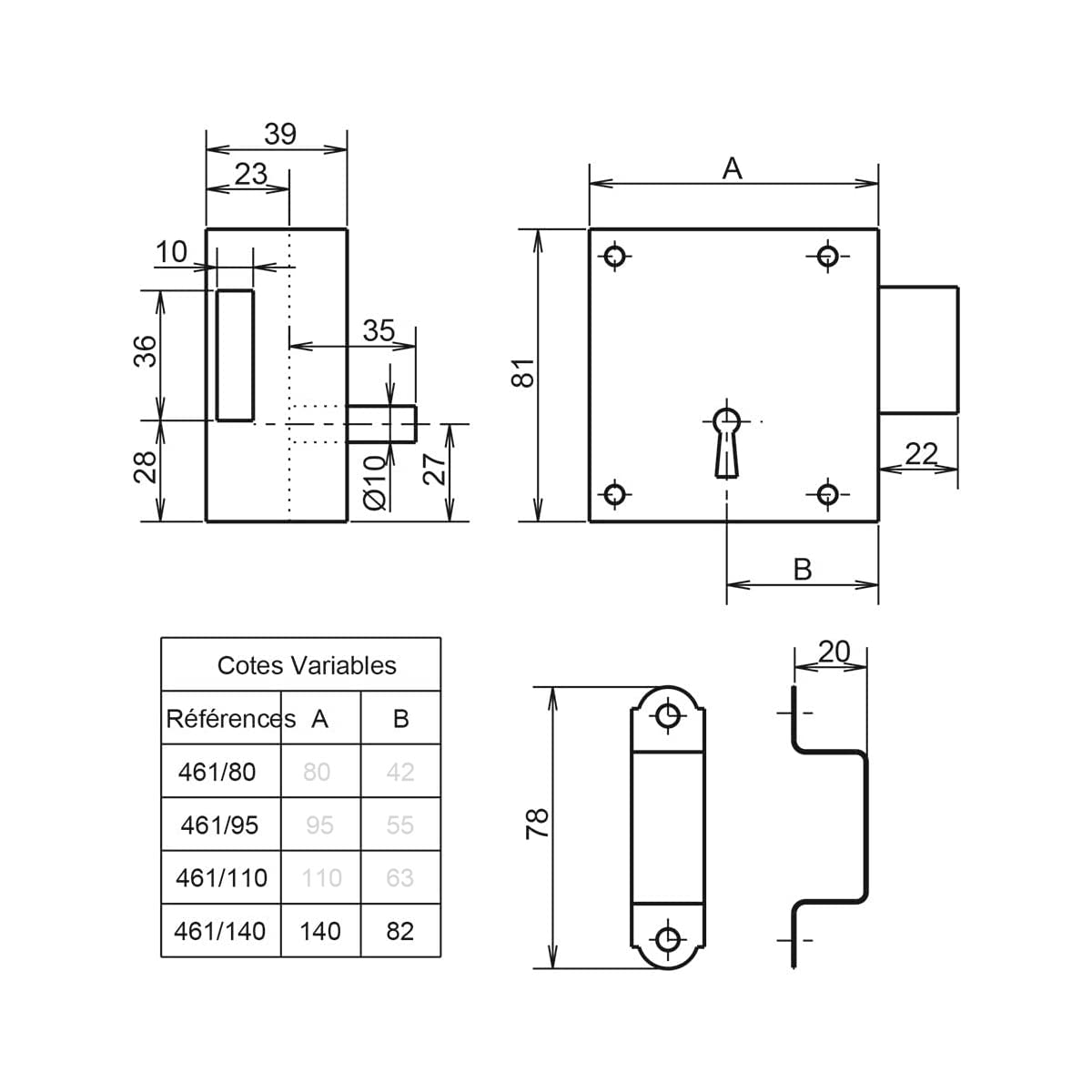 Metalux Serrure en applique pêne dormant seul 140x81 mm Gauche pour Portail Porte Garage
