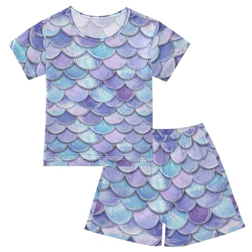 Vdsrup Mermaid Scales Summer Pajamas Set Short Cotton Purple Sleepwear 2 Piece Unisex 5Y