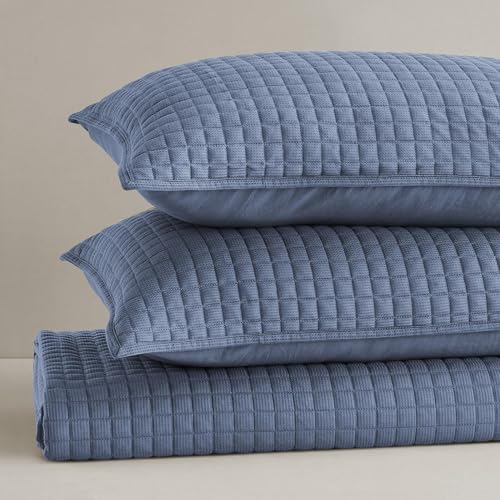 Image of Wonderful 3 Piece Waffle Weave Quilt Set King, Dusty Blue Lightweight Bedspread Coverlet for All Season, Ultra Soft Microfiber Bedding Set with 2 Pillow Shams, Waffle Pattern Quilted Design 104 inchx94 inch | Breathable & Cozy