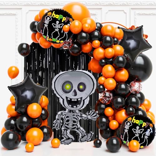 Image of Pop The Party Halloween Decoration Kit Pack of 39 | Skeleton Foil Balloon, Black & Orange Balloons, Round Foil Balloon & Fringe Curtain for Spooky Party Decor