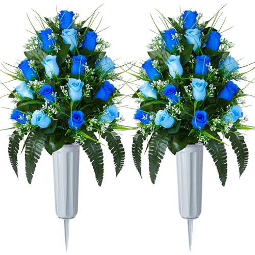 2 Sets Artificial Cemetery Flowers, Grave Decorations Roses, Memorial Flowers Bouquet with Vase for Grave Cemetery Decoration (Dark Blue&Light Blue) image 7