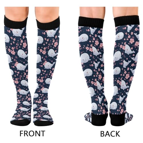 ALAZA White Whale Cherry Blossom Compression Socks for Women Men Circulation Long Socks Running Athletic Cycling2