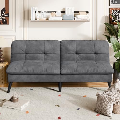 Vongrasig Futon Sofa Bed Velvet Futon Couch with Adjustable Backrest Small Convertible Folding Sleeper Sofa Bed Modern Loveseat for Living Room Bedroom and Small Space (Gray)