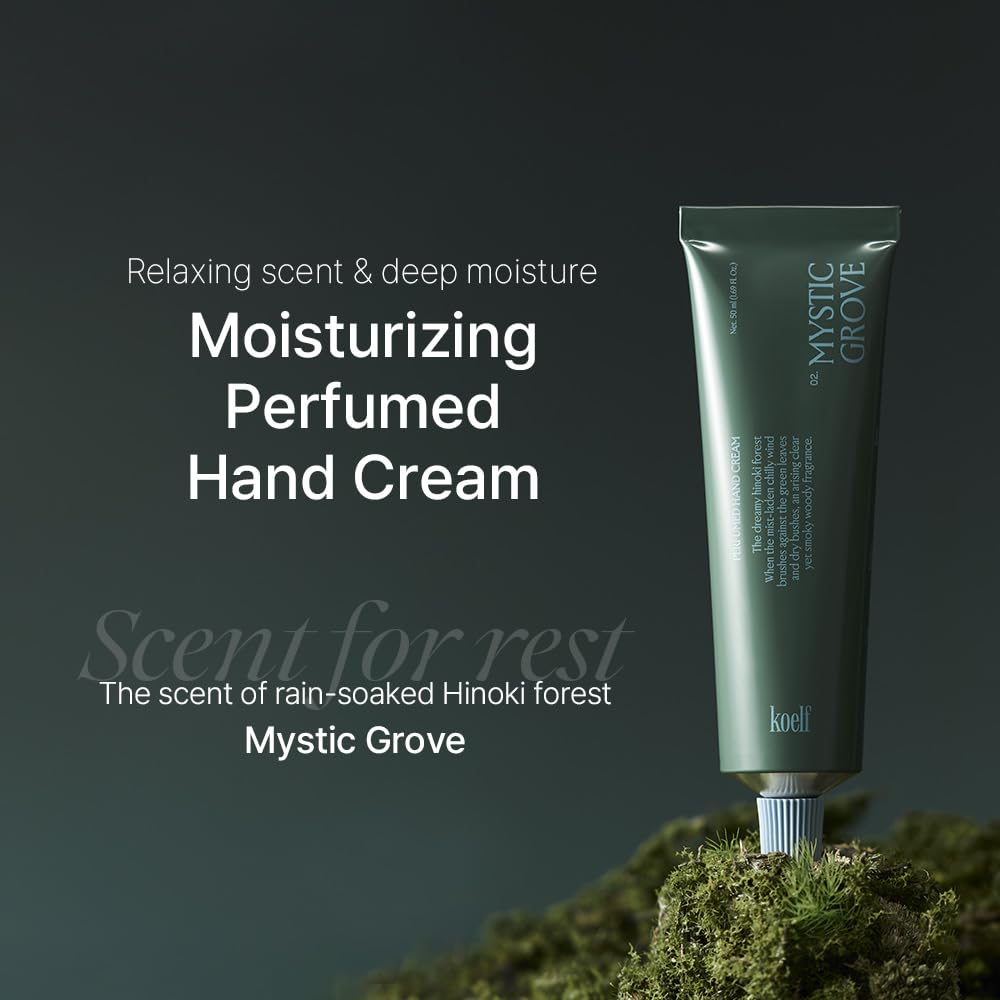 Koelf Perfumed Hand Cream No.2 Mystic Grove 50ml (1.69 fl. oz.) - Hand Moisturizer for Dry Skin with Urea, Lactobacillus Complex, Centella Asiatica, Hinoki Scented Soothing Hand Cream - Image 2
