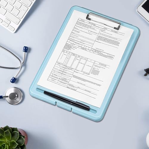 Image of YAJNAS A4 Foldable Plastic Clipboard with Built-in Storage and Pen Holder, Blue, 9.4 x 13.4 Inches / 24 x 31 cm, for Office, Travel, Students, Teachers, Doctors, Nurses, Professionals (Sky Blue)