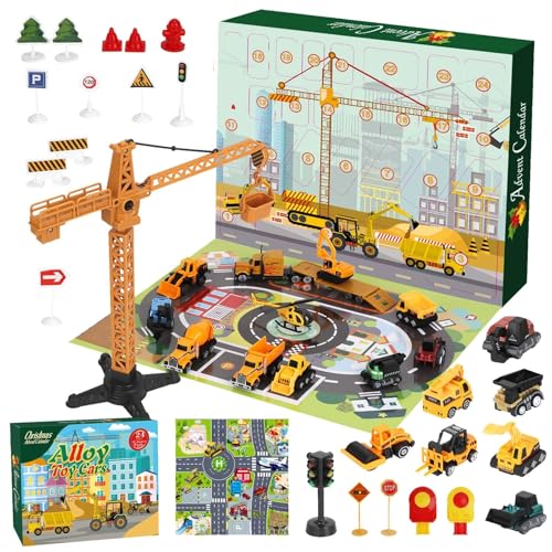 Advent Calendar 2025 Kids, Car Advent Calendar Construction Vehicles Toy Set with Game Map, 24 Days Christmas Countdown Calendar Toy Engineering Cars Gifts for Kids 3-8 Years Old