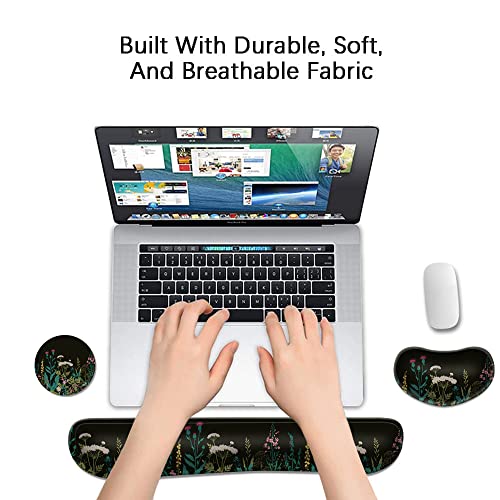 Enlarge Gel Keyboard Wrist Rest Pad Set,Mouse Wrist Foam Cushion Support Pad,Anti-Slip,Ergonomic,Comfortable,Typing Pain Relief,For Office Computer Desks,Laptops,Gaming, Weeds Black #TOP5