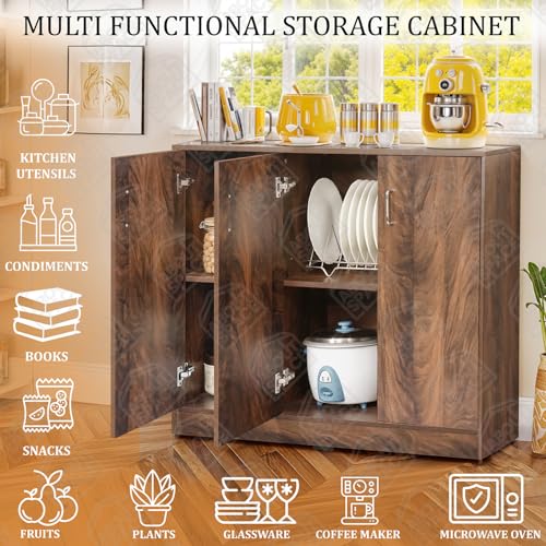Image of ABOUT SPACE 2 Tier Kitchen Organizer Rack - 3ft 3 Door Engineer Wood Kitchen Cabinet with Adjustable Shelves, Easy to Assemble for Home Living Room (Walnut - L 105 x B 40 x H 91.5 cm)