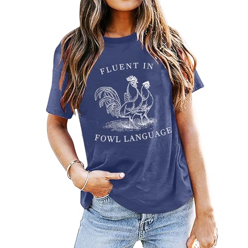 Chicken Shirt Women Farm Tees Funny Graphic Shirt for Chicken Lovers Farm Shirts Chicken Mom Tee Tops Blue