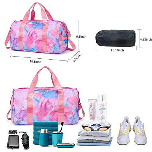 Gym Bag Sports Duffle Bag with Wet Pocket Weekender Overnight Bag with Waterproof Shoe Pouch and Air Hole for Men Women Travel Foldable Bag (Red blue marble)